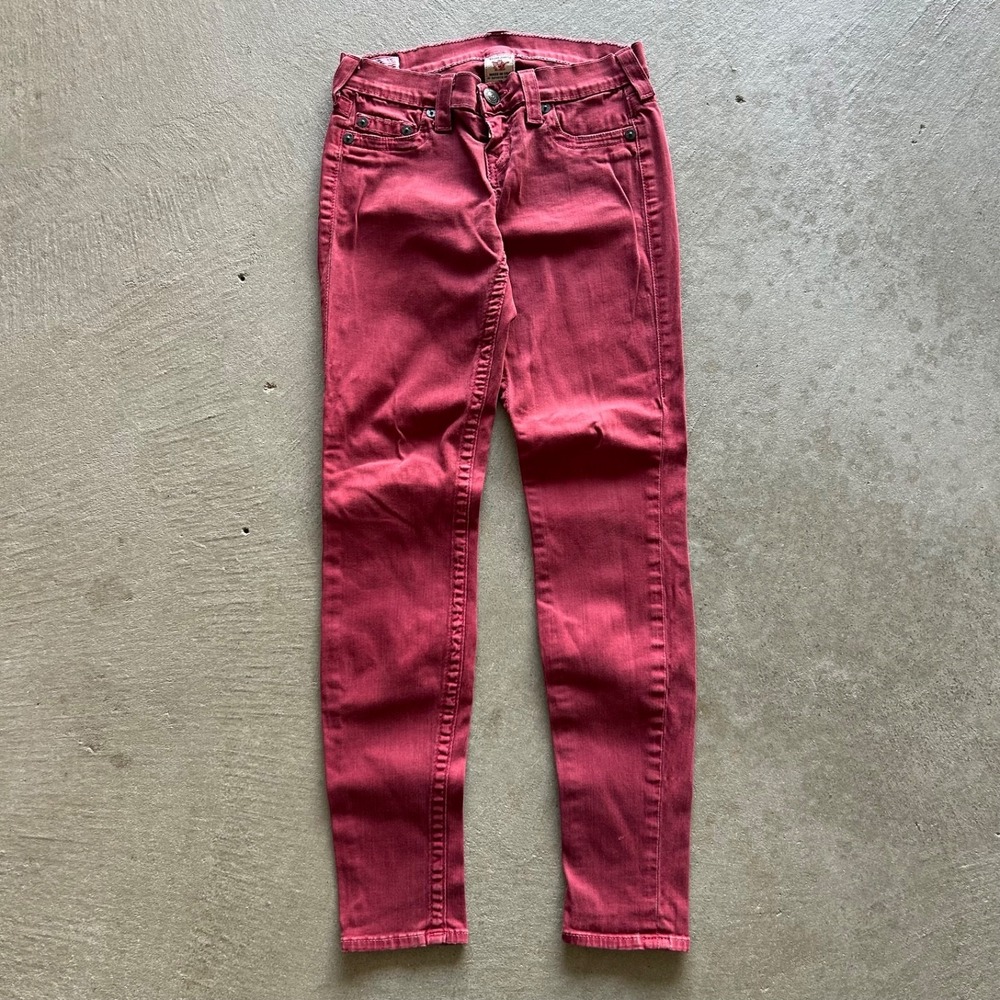 True Religion Casey Jeans Womens Size 26x29 Red Wash Skinny Straight Stretch USA